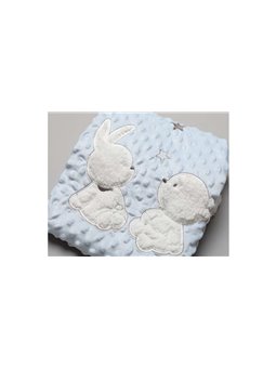 Couverture polaire bébé bleu avec bulles - nounours et lapin  - 75x75cm