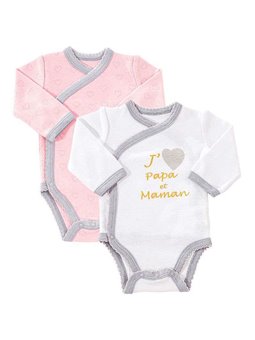 Lot 2 body bébé croisés unisexe en coton blanc et gris chiné imprimé Bébé  douceur